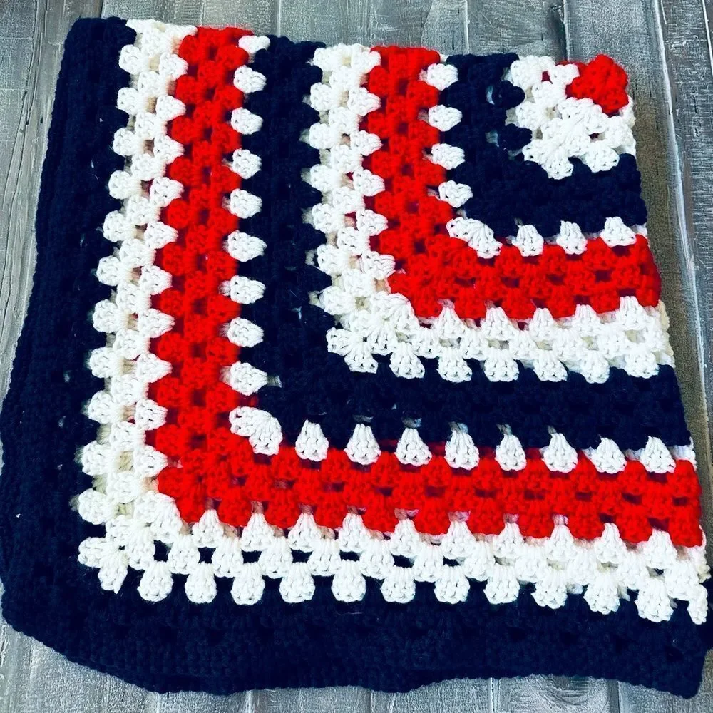 Patriotic Vintage Americana Crochet Afghan Throw Blanket